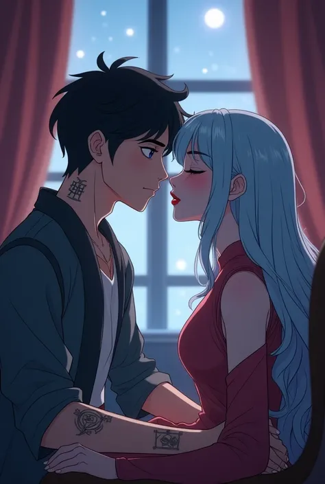 anime My Hero Academy, two people kissing, a handsome adult man with short black hair, slanted closed eyes, pale skin, rune tattoos, elegant silk clothing, stands near the lips of a beautiful adult Thai woman, pastel blue pastel blonde hair broken long sid...