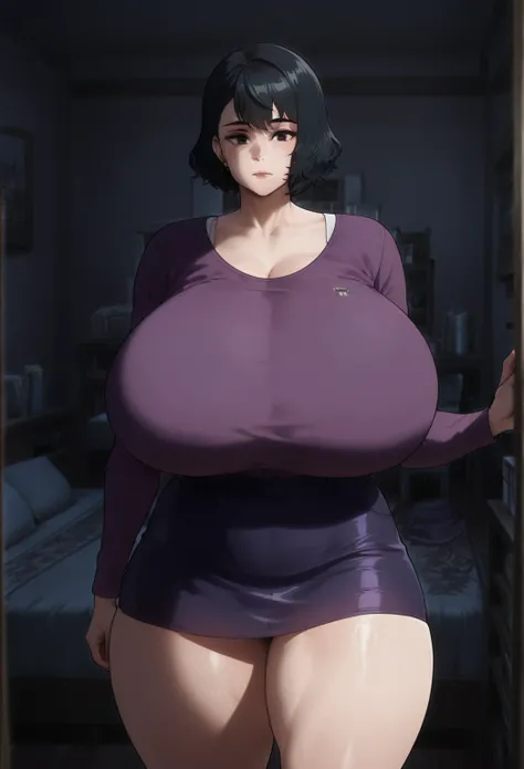 (gigantic breasts:1.5),(thick thighs:1.5),nagi yoshino,jjk artstyle,bedroom,purple clothes,black hair,purple skirt,