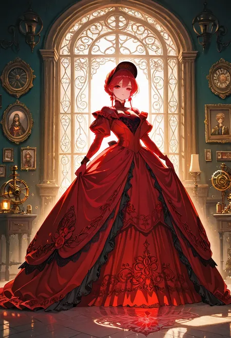 A world where everything is red crimson, a beautiful woman dressed in a dress and behaving gracefully and elegantly, a Romanesque dress, a Romanesque worldview, wonderland, various effects. 
fusion of clockpunk, steampunk and dieselpunk. 
fusion of waterco...