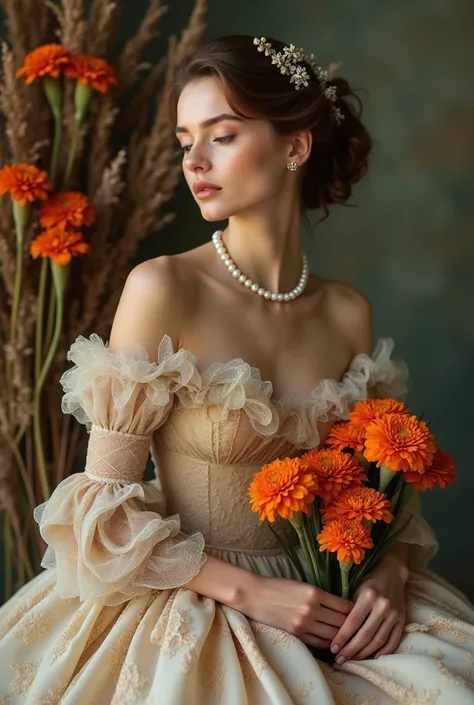 Portrait, elegant woman, floral dress, ruffled gown, orange marigolds, dried flowers, beige fabric, pearl necklace, hair ornaments, soft lighting, studio photography, fashion editorial, ethereal beauty, romantic atmosphere, artistic composition, haute cout...