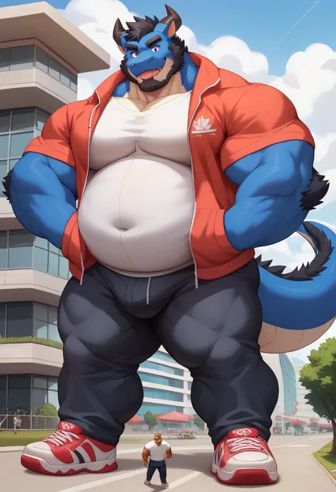 Scribble dragon face,furry(dragon),big thick chubby, big large thick fat Belly, muscular, big strong muscle,( black eyebrows :1.1),(perfect eyes), blue fur，alone,（artist:takemoto arashi),（jock:1.3）， standing, Sneakers，（ Black beard :1.3），（Civil :1.3, Colle...