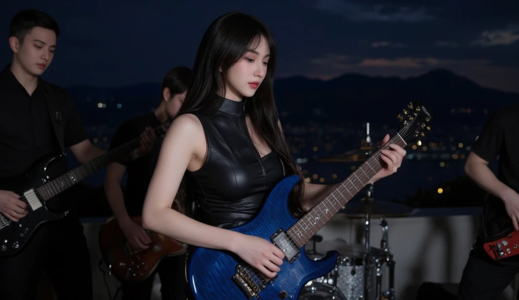 Side view, bright female face, dark night sky background, beautiful woman with long black hair playing a blue electric guitar alone, wearing a black leather sleeveless bondage suit, electric guitar/electric bass, drums behind her Three men in black playing...