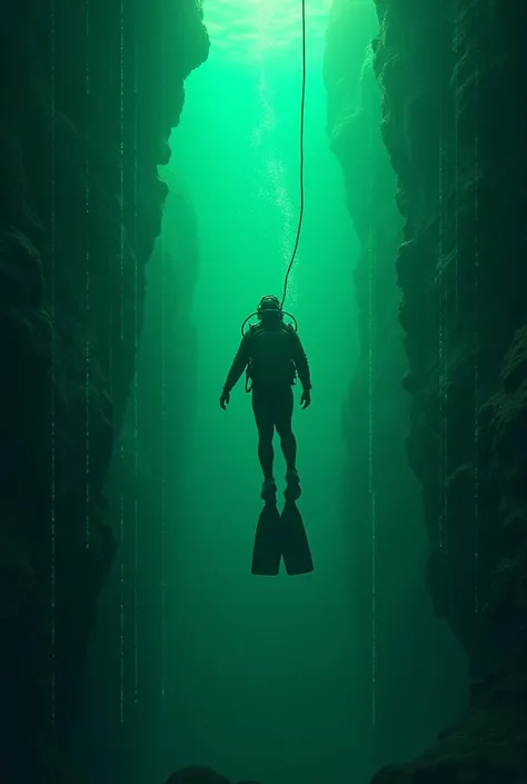  You need a cyberpunk story cover design . Story title diver . You need to draw a scuba diver who plunges into the green abyss of zeros and ones, he barely gets light on top of him and an air hose goes to the surface. The human figure is very small and he ...