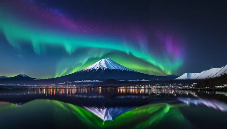 in ultra high quality, high definition , High Quality ,Spectacular views,(とてもThe giant Mt. Fuji up),A huge and realistic aurora dance that dazzles the night sky and covers the entire sky, sky full of stars,(The giant Mt. Fuji up),(Aurora shining brightly ...