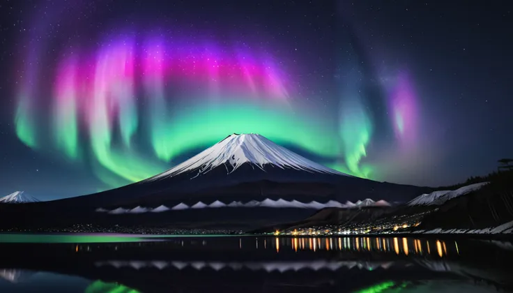 in ultra high quality, high definition , High Quality ,Spectacular views,(とてもThe giant Mt. Fuji up),A huge and realistic aurora dance that dazzles the night sky and covers the entire sky, sky full of stars,(The giant Mt. Fuji up),(Aurora shining brightly ...