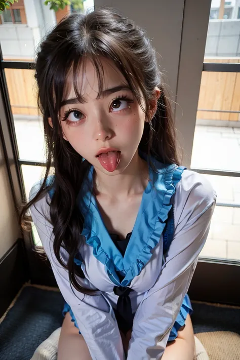 Japanese girl wearing wet school uniform, and we can see her bra and sticking out her tongue want to suck big cock