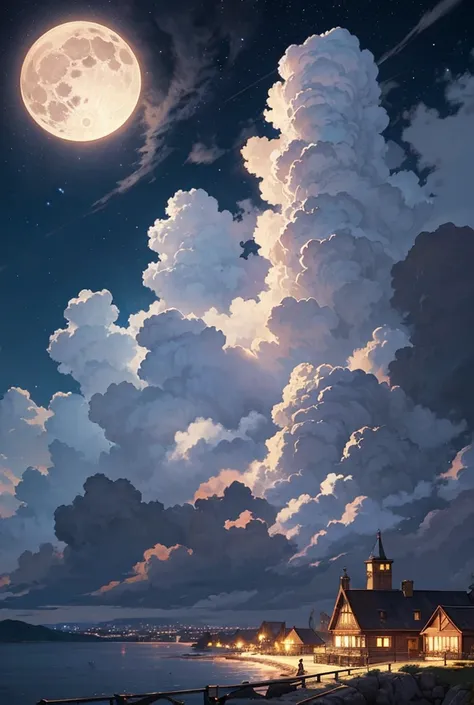 Silver Moonlight, sky, clouds, landscape, night, big full moon