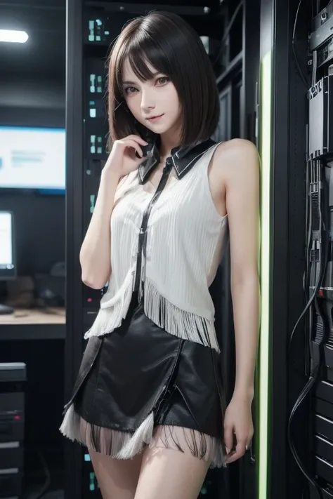 ( full body:1) Young girl,  Smart Casual,  HACKER'S SERVER ROOM,  detailed face, (( cool expression)), ( straight short thin fringed hair:1.2),  super detailed pictures, ( photorealistic), ( complicated details:1),(Masterpiece :1), ( best quality :1),  超 h...