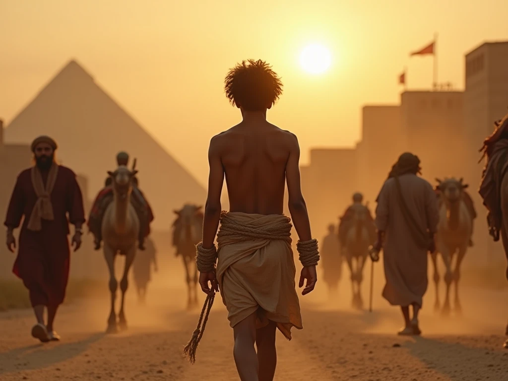 A young man, Joseph, walks barefoot along a dusty road, his hands bound with coarse ropes. Around him, richly dressed merchants lead camels carrying goods, while the grand silhouette of Egypt's city walls and pyramids looms in the golden haze of the settin...