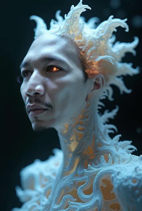 close up dof render of a male creature made of detailed spiraling fractals and tendrils, detailed recursive skin texture. Transparent, x-ray, gelatinous, liquid, blowing , sparkle, glitter, melting, flowing , dripping, dust, sand, bubbles 