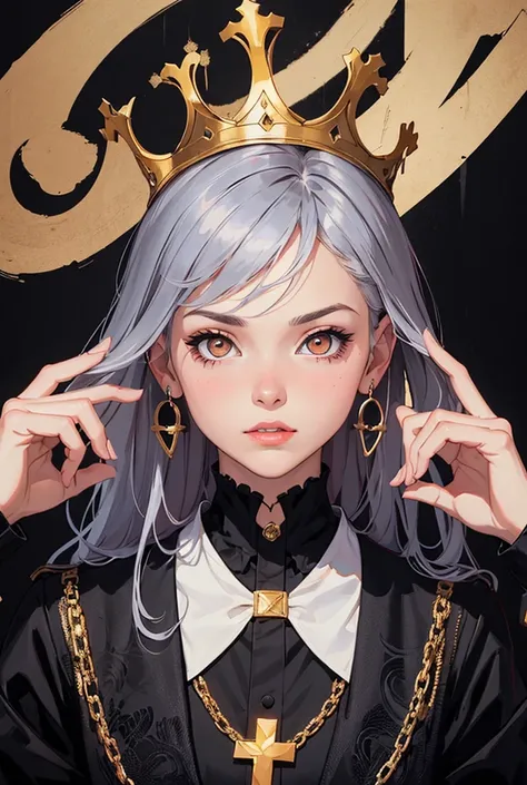 (One young girl), bangs, black background, black dress, black hair, black theme, cross, cross earrings, crown,  long sleeves, looking at viewer, orange eyes, parted lips, upper body, white ascot, (Art Alex Ross:1.4).