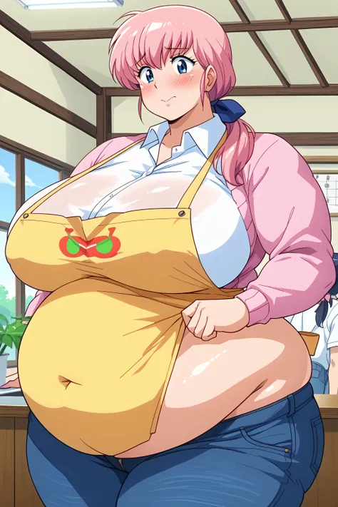 Otonashi Kyoko, long hair、紺色の髪、low ponytail, pink hair ribbon、Dark blue eyes、 yellow apron、 pink sweater 、Blue jeans 、white shirt, collared shirt,gigantic breasts,enormous breasts,hanging breasts,sagging breasts,Sloppy belly fat,Japanese-style room, troubl...