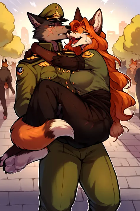 score_9, score_8_up, score_7_up, city, town park square, daytime, crowd on background, sunny, happy, joyful, love, reunion, face to face, (kissing:0.5)

((fox:1.2), anthro, female, dark brown fur, long flowing hair, beautiful, wearing a dress, crying tears...