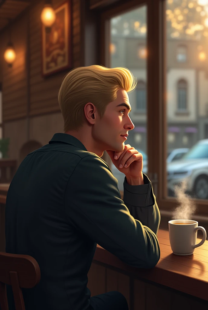 Can you create a blonde guy sitting at a cafe but from behind 