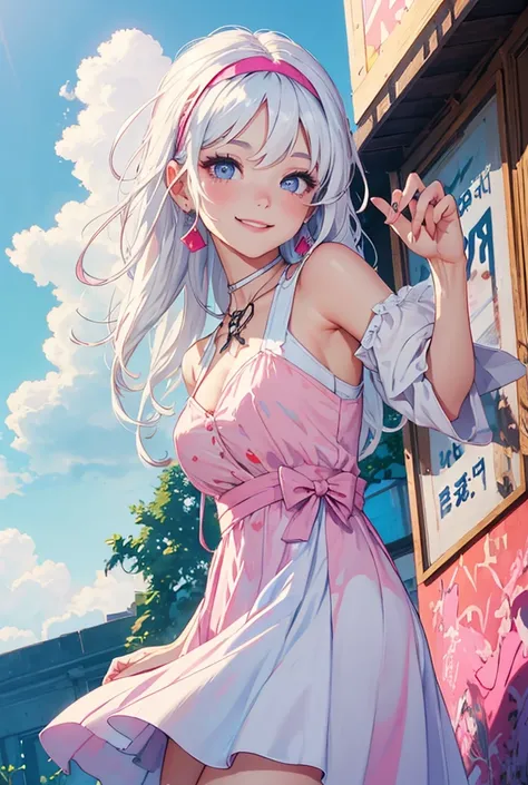  1girl, rainbow eyes, white hair, long hair, pink headband, v, smiling, sky, blue dress