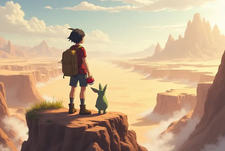 The Pokémon trainer stands on a mountain，Looking at the great desert in the distance， holding a red and white fairy ball in his hand，There is an elf next to it 