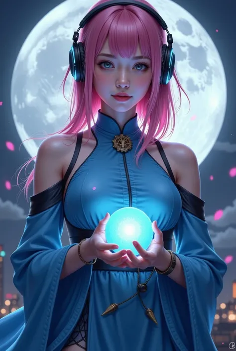 a woman with headphones and a pink hair is looking at the camera with a pink light on her face, Artgerm, computer art, cyberpunk style, cyberpunk arta woman in a blue dress holding a blue ball in her hands with a full moon behind her and a full moon behind...