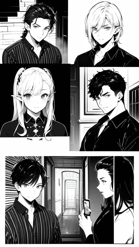 (((Masterpiece,              high resolution,              Top Quality    、 It accurately represents the face   )))、 ( Black and White、A comic where handsome elves make you happy in 3 scenes)