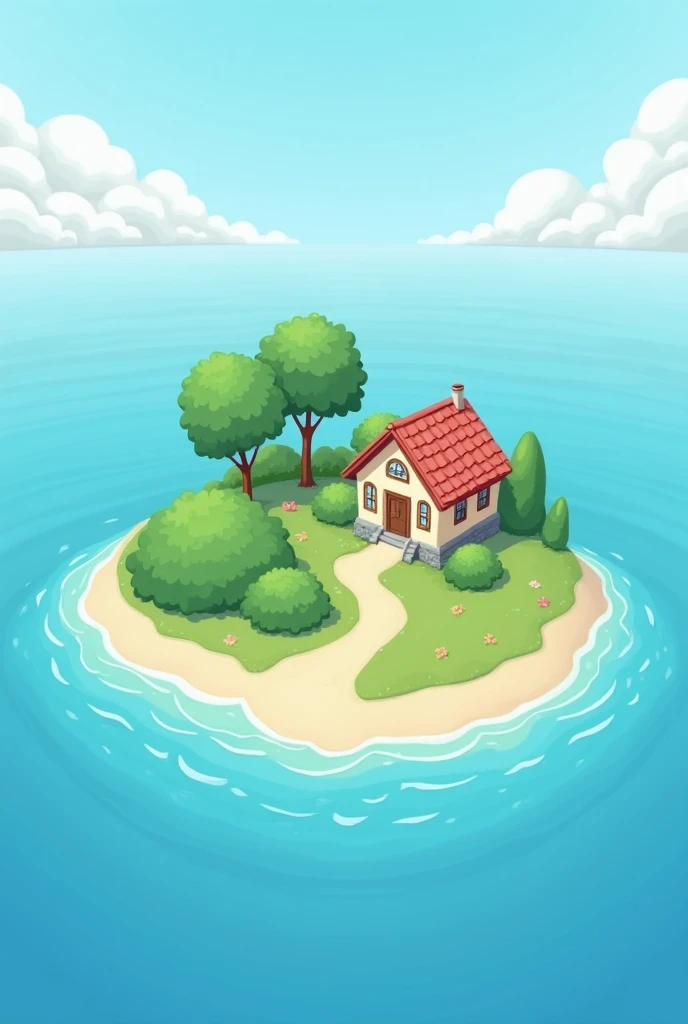 Of the three attached photos, please draw a picture of the island with a simple and cute picture like the other two. As an illustration. Change only the picture on the island photo,  the rest of the scenery,  composition; leave the elements in the .  islan...