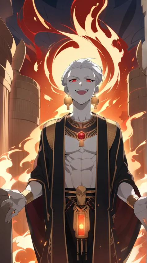 
Pharoah, Handsome, pale white skin, short slicked back white hair. Glowing red demon Eyes, Egyptian Black Velvet Robes, Gold Embroidered Black velvet Egyptian pants. Wears a gold chained glowing Ruby circular Egyptian amulet. Has gold rings. Long ruby ear...