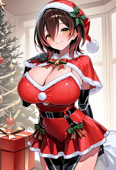 ( best quality  , 8k , masterpiece , incredibly absurdres , beautiful woman , perfect body , super detailed skin , highly detailed eyes and face ) , 1 person , roboco , original hair color ,  brown hair  , smile ,  will be happy , ( Christmas costume,  ski...