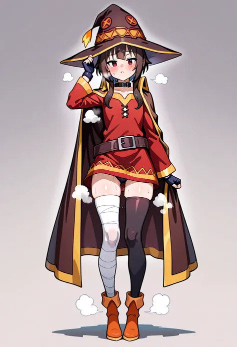 megumin, short hair, black hair, red eyes, side locks, long locks,thighhighs, gloves, hat,red dress, black gloves, belt, black thighhighs, fingerless gloves, cape, collar, witch hat, bandages, red dress, single thighhigh, asymmetrical legwear, bandaged leg...