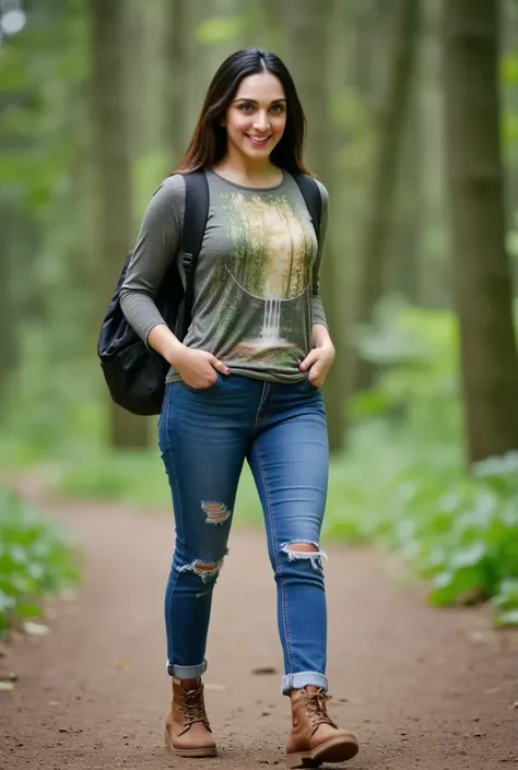 full length photo of a young woman walking on a dirt road in the forest.she has a bright detailed face, skin texture, pink lipstick. She is dark brownies long hair  and a long sleeved shirt with a picture of a forest scene on it in Colorful. She is carryin...