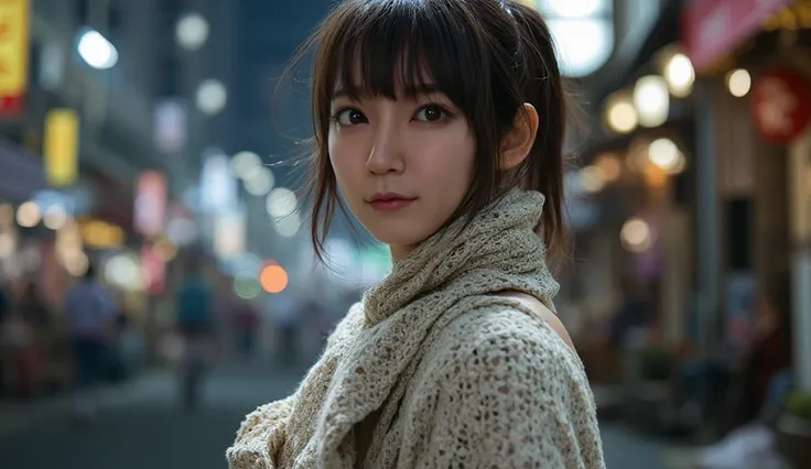 Realistic face that looks like the tempting 、whole body、whole body、whole body、  boots、feet、 1 Japanese Girl ,( white sweater from slightly above:1.4),(  is wearing a big scarf around her neck:1.2), ( RAW photo,  best quality ), ( is present,  photorealisti...