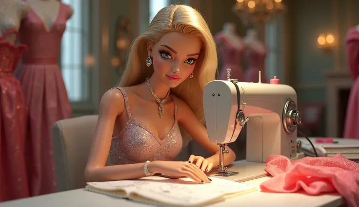 Barbie sews luxury clothes with a sewing machine with her face facing me in the atelier