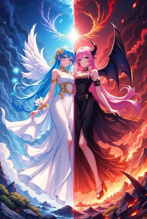 ((Overall Picture))  (( Anime Illustration )),(( cute )), big breasts,   depicts a beautiful angel woman with long blue hair in detail and realistically , ((  Details Maximum   in the particulars))   Details Maximum  ,   A landscape paradise split in two o...