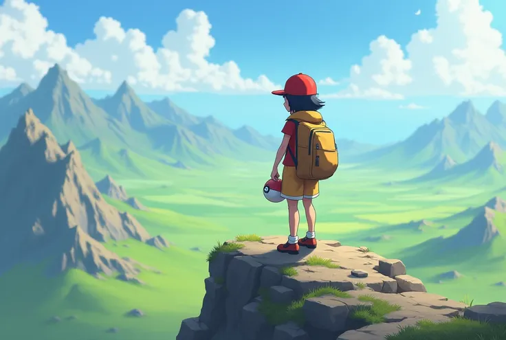 The Pokémon trainer stands on a mountain，Looking at the prairie in the distance， holding a red and white fairy ball in his hand， and carry a travel bag on your back，Wear a red hat on your head