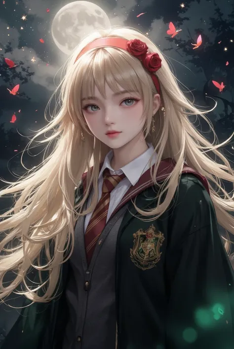 Golden-haired girl(Leave long hair without bangs)( jewel-like blue eyes, )There are red roses, put on a red rose headband.(Put on Hogwarts School Green Slip Polyethylene House Robe)There is a sparkle behind the moon and there are fireflies flying around th...