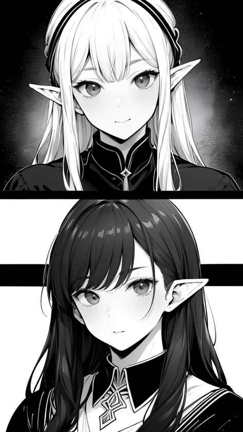 (((Masterpiece,              high resolution,              Top Quality    、 It accurately represents the face   )))、 ( Black and White、A comic where handsome elves make you happy in 3 scenes)