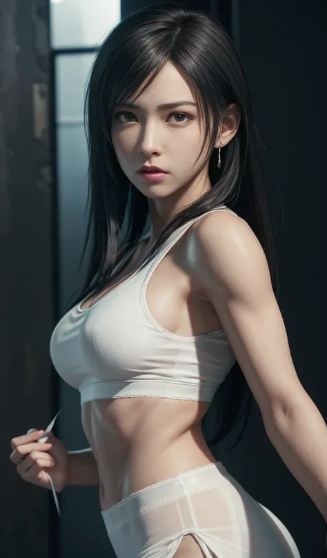 ( envelopes, ultra Detailed ),(realistic:1.37),Tifa Lockhart,  Pretty and detailed face ,  angry expression , black eye makeup, textura ultra realistic, delicate face,  delicate body , fitness 