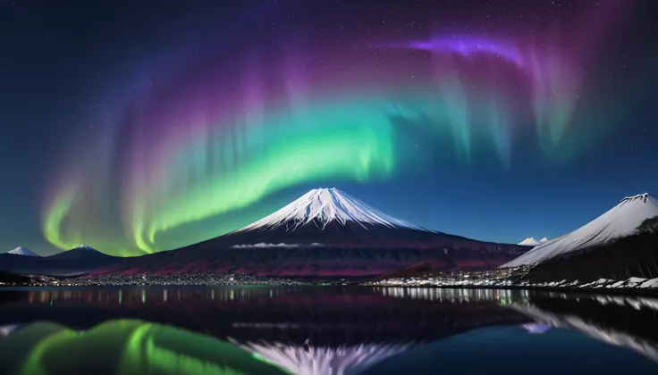 in ultra high quality, high definition , High Quality ,Spectacular views,(とてもThe giant Mt. Fuji up),A huge and realistic aurora dance that dazzles the night sky and covers the entire sky, sky full of stars,(The giant Mt. Fuji up),(Aurora shining brightly ...