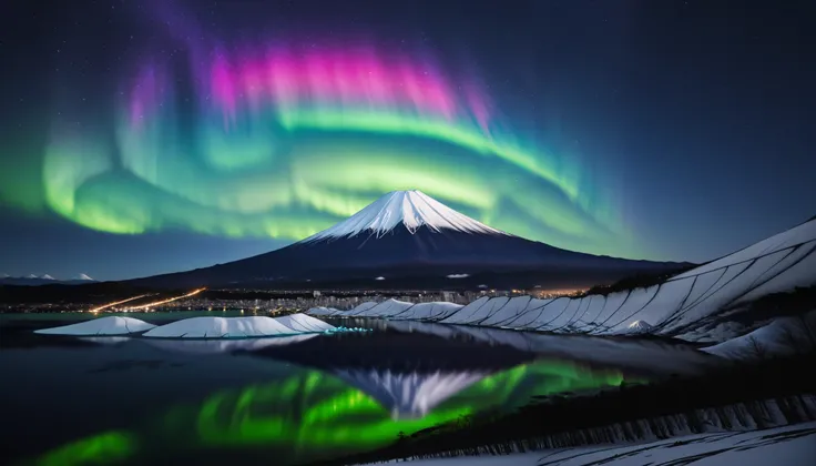 in ultra high quality, high definition , High Quality ,Spectacular views,(とてもThe giant Mt. Fuji up),A huge and realistic aurora dance that dazzles the night sky and covers the entire sky, sky full of stars,(The giant Mt. Fuji up),(Aurora shining brightly ...