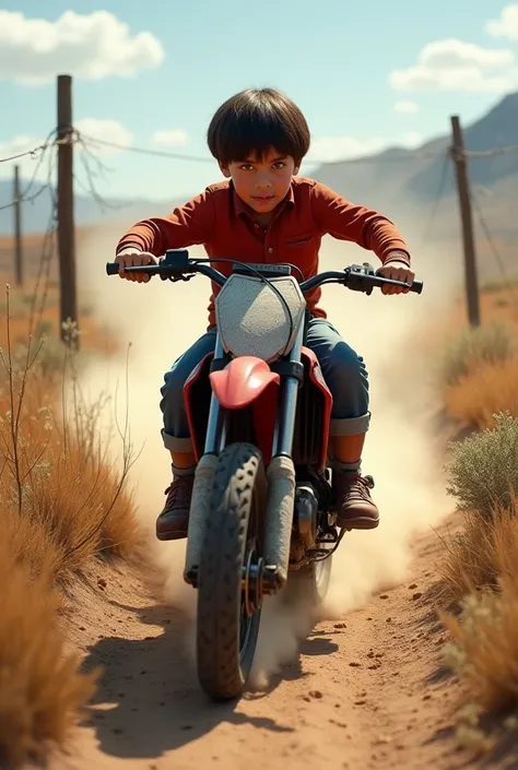 age boy with bob hair riding a black and red dirt bike on the dirt road. realistic style 