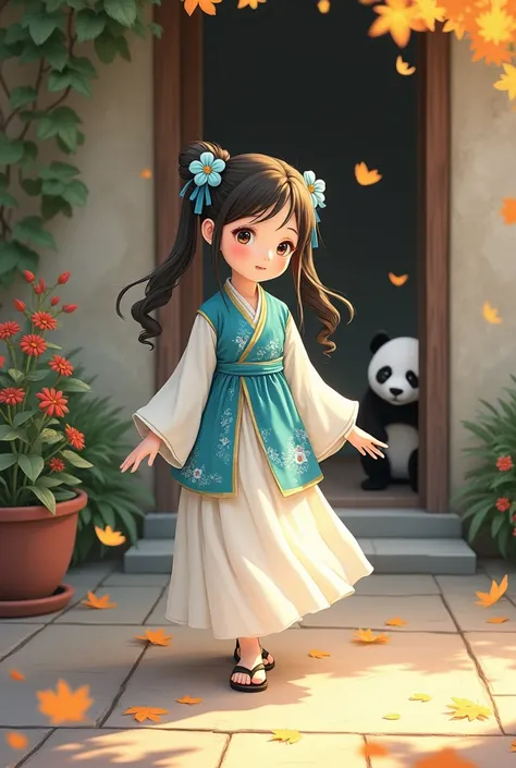 Une charmante jeune fille vêtue d'un costume traditionnel d'Asie de l'Est, style anime, arborant une veste turquoise à motifs floraux et une jupe blanche fluide. Elle a deux tresses espiègleset ornées de délicates fleurs bleues. La scène se déroule dans un...