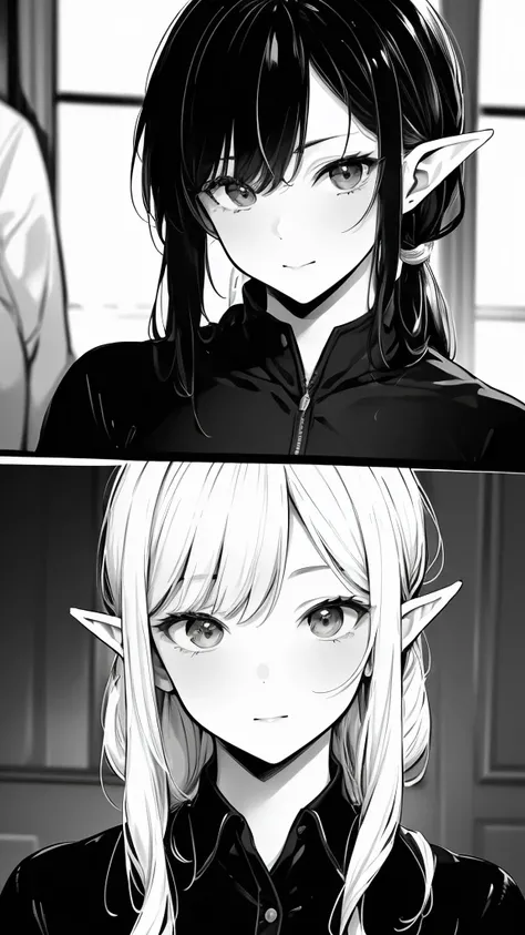 (((Masterpiece,              high resolution,              Top Quality    、 It accurately represents the face   )))、 ( Black and White、A comic where handsome elves make you happy in 3 scenes)