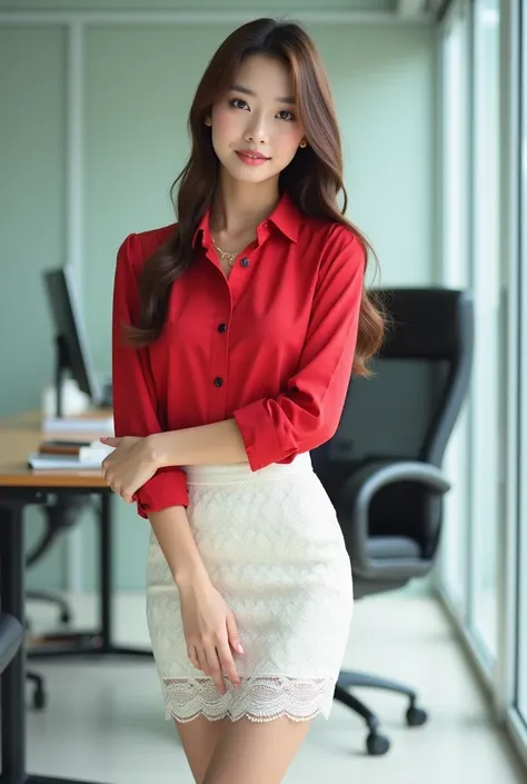 ＡJapanese woman with a very beautiful beauty like an actress
A modern indoor office setting featuring a female model standing confidently. She is dressed in a chic and professional outfit consisting of a vibrant red button-up blouse tucked into a form-fitt...