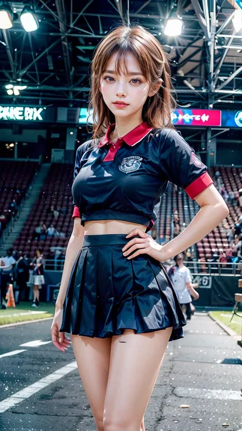 A beautiful young Japanese woman, 20 years old, with perfect anatomy, healthy thighs, beautiful feet, flawless skin, random hair color and style, large bust, (she is standing:1.2), wearing a cheerleader uniform with micro-pleated miniskirt, in a full body ...