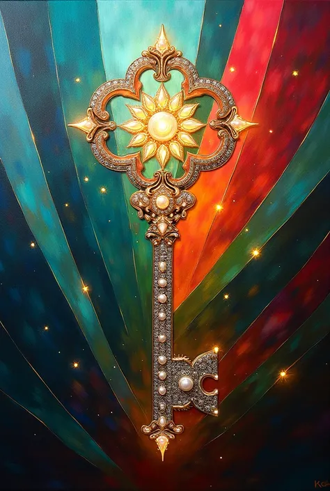 Sur la base de l'image de référence , Créer une peinture à l'huile, modern art style, couleurs bleu, vert, rouge, or, rajouter a key with pearls and diamants parfaitement en harmonie avec les formes