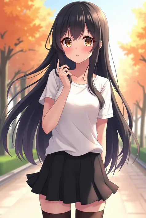  anime girl image (appearance:  Long silky black hair , autumn brown eyes , pale skin, University) (Clothes:  white t-shirt ,  short black skirt ,  thigh-length black stockings)   Precise,  The best quality, anime 8K,  tall details,  High resolution, HD mo...