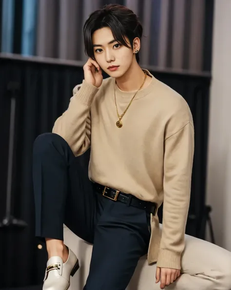 A stylish outfit for a 20-year-old male with an idol-like aesthetic. The look features a crisp white button-up shirt with a slim-fit design, paired with a cropped, tailored navy blazer adorned with subtle gold accents. The pants are slim, black with a slig...