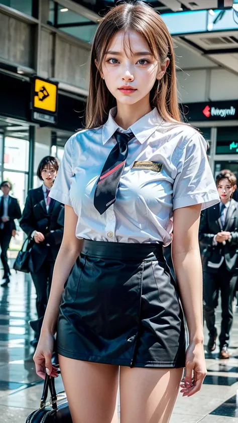 A beautiful, 24-year-old Japanese woman with perfect anatomy, healthy thighs, beautiful legs, beautiful skin, random hair color and style, large breasts, (wearing a flight attendant uniform with a mini-skirt:1.3), (she is standing:1.2), full body shot, pum...