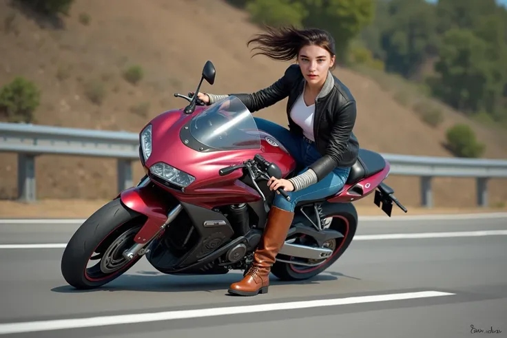 She is riding a motorcycle,Skinny blue jeans and brown long brown boots
