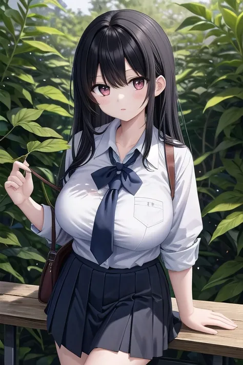 {Masterpiece}, { best quality }, 1 girl in the bush,School_uniform、 long black hair , big breasts、