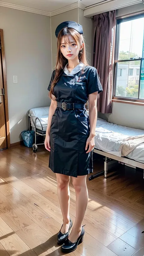 a beautiful young 24-year-old Japanese woman, beautiful, detailed anatomy, beautiful skin, random hair color and hairstyle, big breasts, nurse hat, (nurse uniform:1.3), nurse cap, (she is standing:1.2), full body shot, high heels, hospital, (best quality,8...