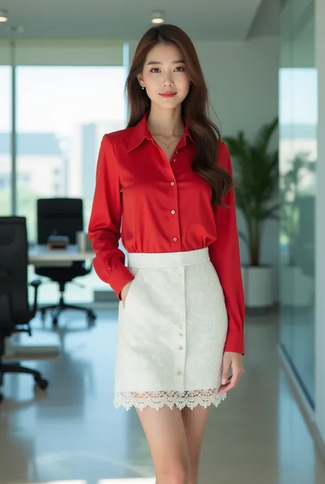 ＡJapanese woman with a very beautiful beauty like an actress
A modern indoor office setting featuring a female model standing confidently. She is dressed in a chic and professional outfit consisting of a vibrant red button-up blouse tucked into a form-fitt...