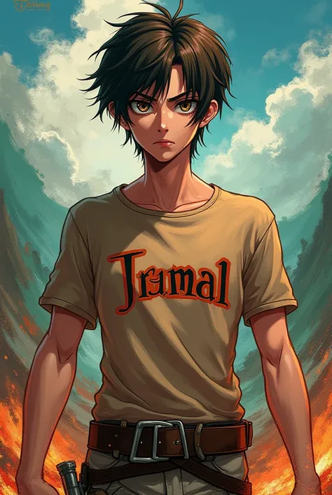 Eren from attack on titan with a shirt written JAMAL 